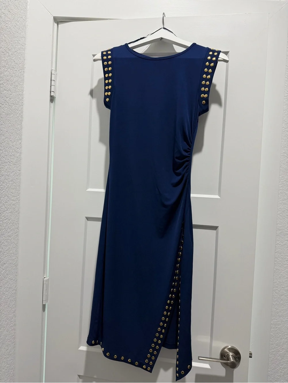 Michael Kors Navy Midi Dress with Gold Stud Trim